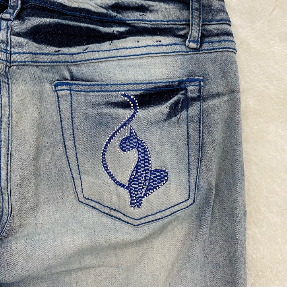Baby Phat capri blue bedazzled bling embroidered logo white wash blue stitch Y2k